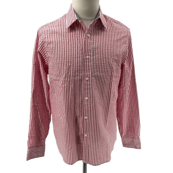 NWT Michael Kors White Crimson Striped Button Up Collared Shirt Size M Men's - Picture 1 of 9